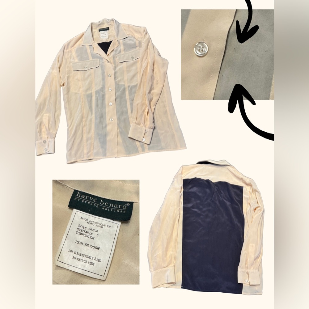 Harvé Benard 100% Silk Sheer Cream and Black Color Block Button-Up - Vintage